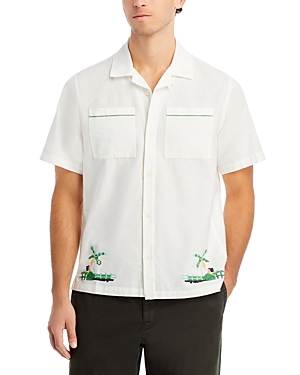 Shop Wax London Newton Cotton & Linen Embroidered Button Down Camp Shirt In Ecru