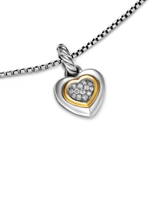 Petite Cable Heart Pendant Necklace in Sterling Silver with 14K Yellow Gold and Diamonds, 16"