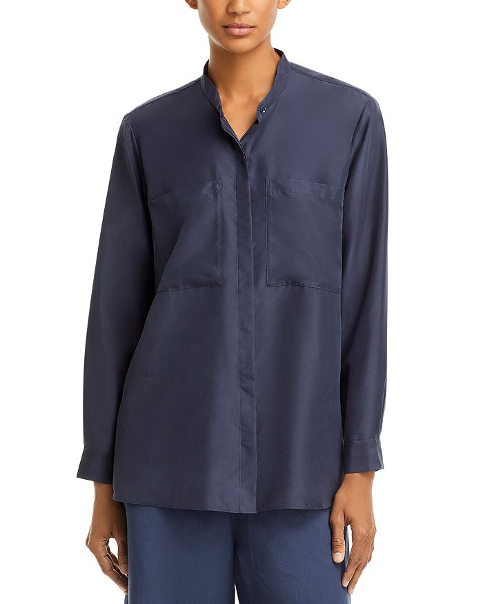 Eileen Fisher Women's Organic Linen Mandarin Collar Shirt Blue Size Petite Small