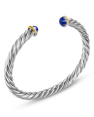Men's Cable Cuff Bracelet in Sterling Silver with 14K Yellow Gold and Lapis, 6mm