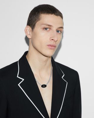 Sterling Silver Trademark Black Enamel Oval Pendant Necklace, 15-17&amp;quot;