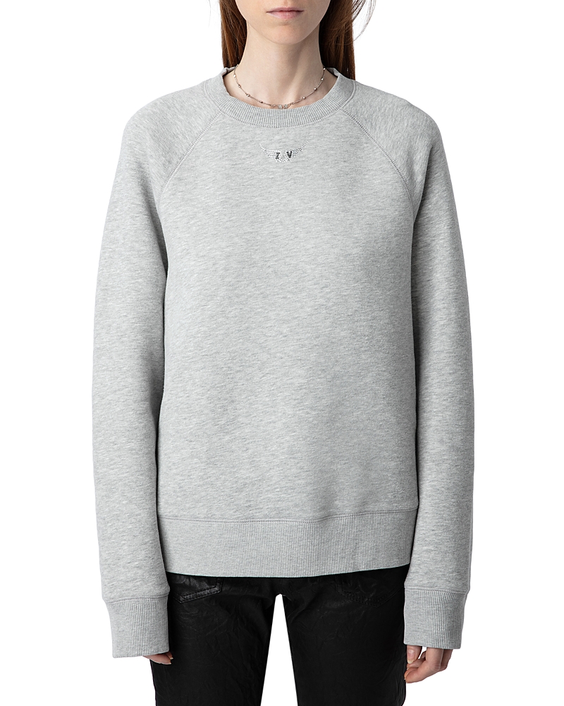 Zadig & Voltaire Upper Pmo Rhinestone Wings Sweatshirt In Gris Chine