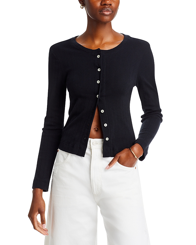 Leset Pointelle Classic Crew Cardigan In Black