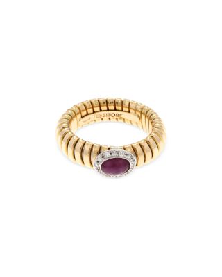 18K Yellow Gold Via Giardino Tubogas Domed Ruby Cabochon & Diamond Ring