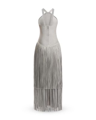 herve leger silver fringe dress V NECK FOIL FRINGED MIDI DRESS