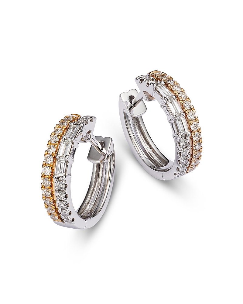 Bloomingdale's Fine Collection Diamond Round & Baguette Small Double Hoop Earrings in 14K Yellow & White Gold, 0.53 tcw