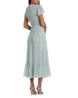 Embellished High Neck Floral Applique with Beaded Detail A Line Dress