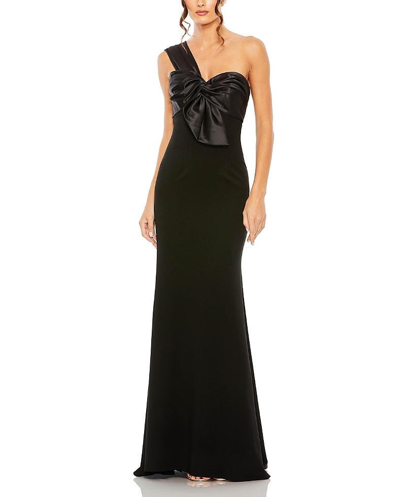 Mac Duggal Half-bow Bodice Trumpet Satin Gown In Black In Black