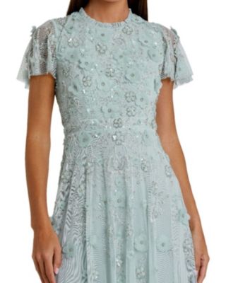 Embellished High Neck Floral Applique with Beaded Detail A Line Dress