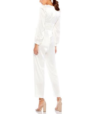 Front Twist Puff Sleeve Ruched Waist Detail Deep V Jumpsuit