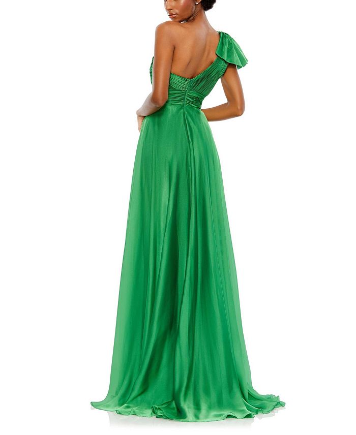 Mac Duggal Pleated One Shoulder Chiffon Gown In Emerald