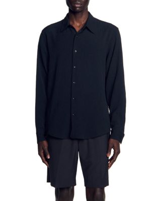 Sandro Pleated Textured Loose Fit Long Sleeve Dress Shirt