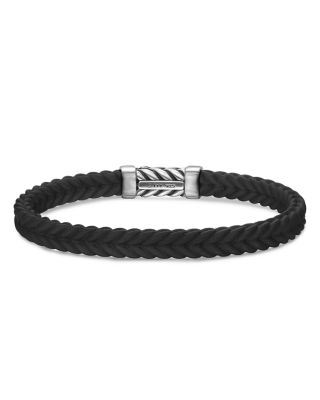 Men's Sterling Silver Chevron Diamond Woven Black Rubber Bracelet