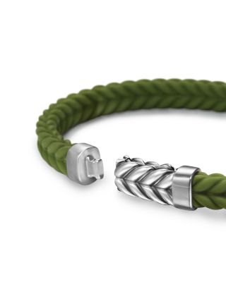 Men's Sterling Silver Chevron Woven Green Rubber Bracelet