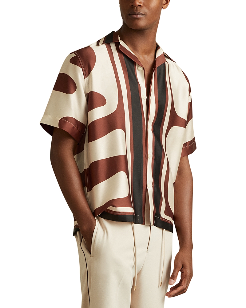 Reiss Rust/navy Tom Relaxed Printed Cuban Collar Shirt In Rush/navy