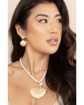 Cultured Freshwater Pearl Scalloped Shell Cord Pendant Necklace in 18K Gold Plated, 15"-20"