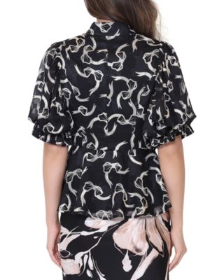 Puffed Sleeve Collared Button Down Peplum Blouse