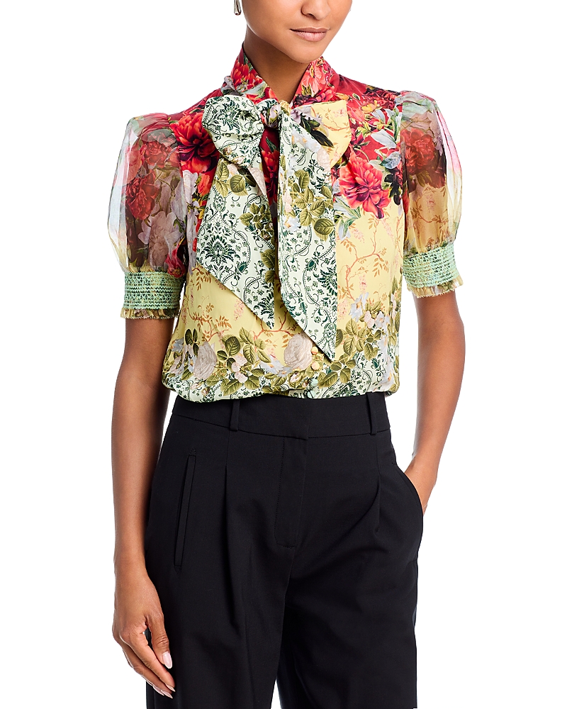 Alice And Olivia Brentley Tie Neck Puff Sleeve Blouse In Oakley