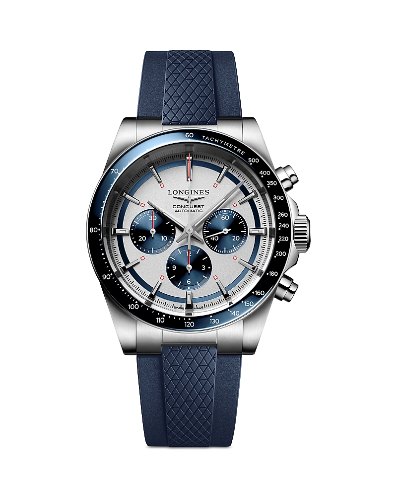 Longines Men's Swiss Automatic Chronograph Conquest Blue Rubber Strap Watch 42mm In Silver/blue