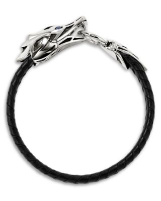 Sterling Silver Naga Blue Sapphire Snake Braided Black Leather Bracelet