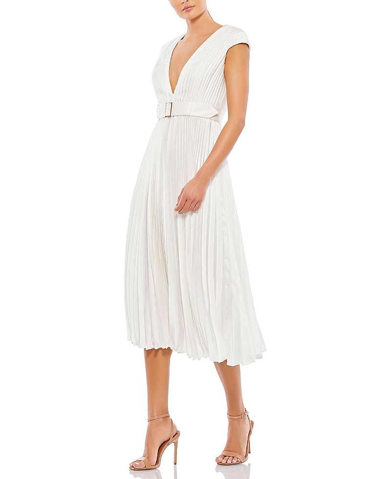 Mac Duggal Pleated Cap Sleeve Belted A-line Midi Dress In White