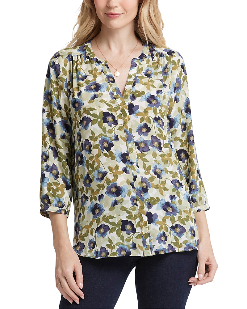 Nydj Three Quarter Sleeve Printed Pintucked Back Blouse