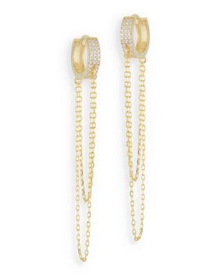 Aqua Cubic Zirconia Pave Huggie Hoop Chain Drop Earrings - Exclusive