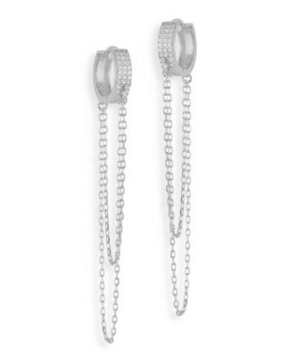 Aqua Cubic Zirconia Pave Huggie Hoop Chain Drop Earrings - Exclusive