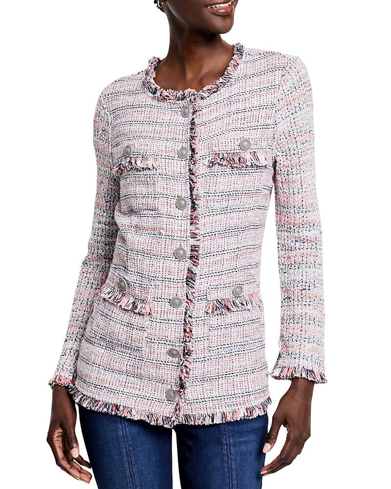 Nic + Zoe Nic & Zoe Femme Plaid Fringe Mix Knit Jacket In Pink Multi