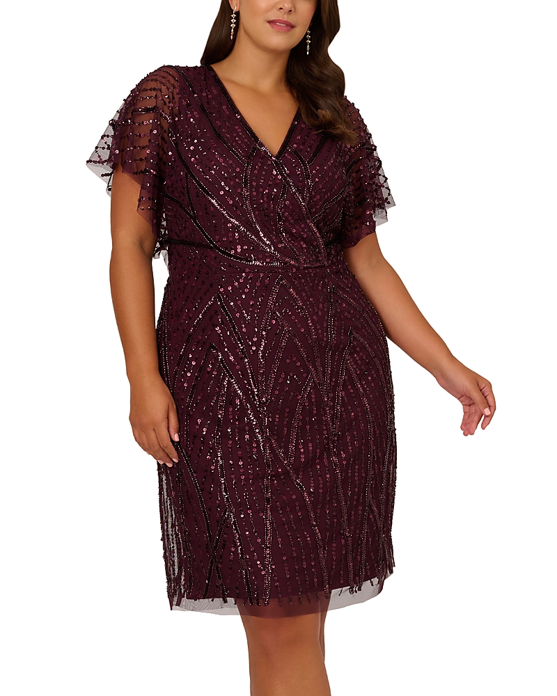 ADRIANNA PAPELL EMBELLISHED FLUTTER SLEEVE SHEATH DRESS