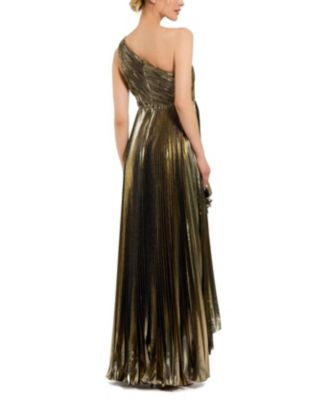 Metallic Pleated Ruffle Hem One Shoulder High Low Gown