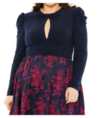  Plus Long Sleeve Keyhole Knot Neck Brocade Floral Detail Bottom  Gown