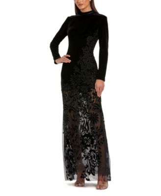 Mac Duggal - Long Sleeve Sheer Floral Embroidered Velvet Gown