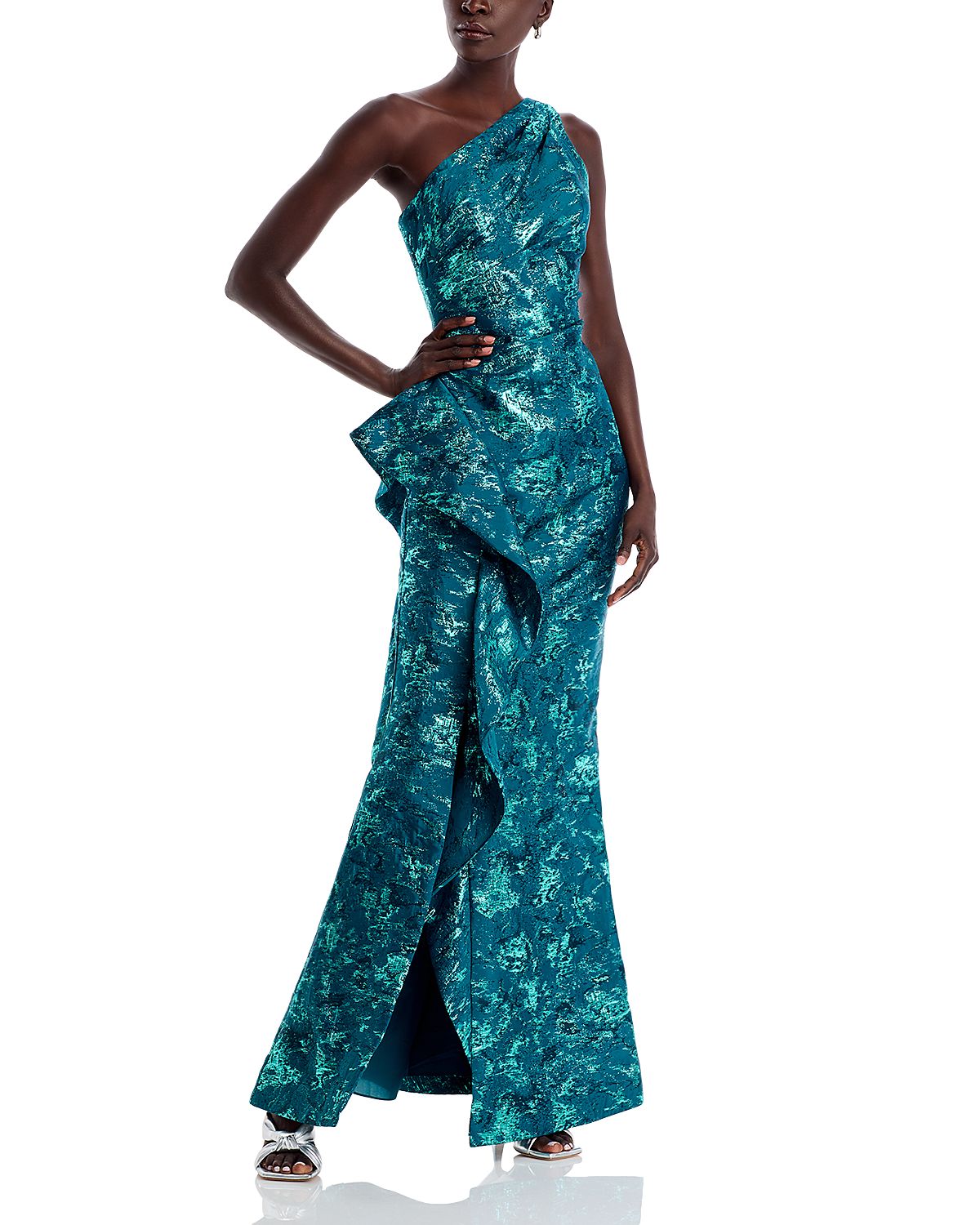 Teri Jon by Rickie Freeman Metallic Jacquard One-Shoulder Gown