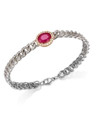 Bloomingdale's Fine Collection - Ruby & Diamond Oval Halo Chain link Bracelet in 14K Yellow & White Gold