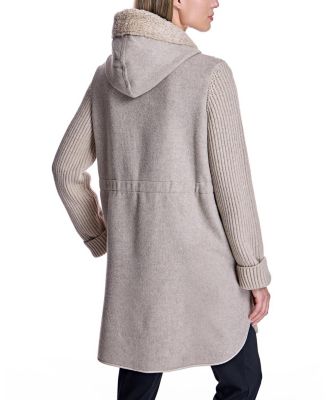 Hooded Shearling Coat with Knit Trim