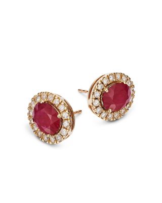 Ruby & Diamond Oval Halo Stud Earrings in 14K Yellow Gold