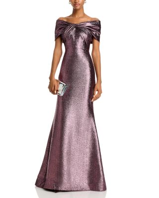 Metallic Jacquard Twist Bodice Off-the-Shoulder Gown