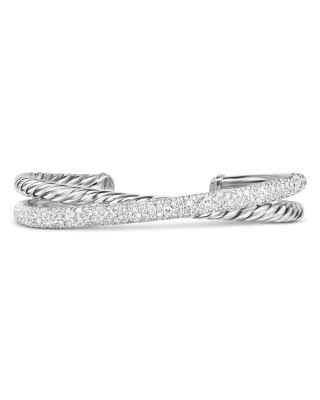 Crossover Two Row Cuff Bracelet in Sterling Silver with Diamonds, 11mm