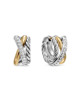 David Yurman - Crossover Three Row Huggie Hoop Earrings in Sterling Silver with 18K Yellow Gold, 13mm