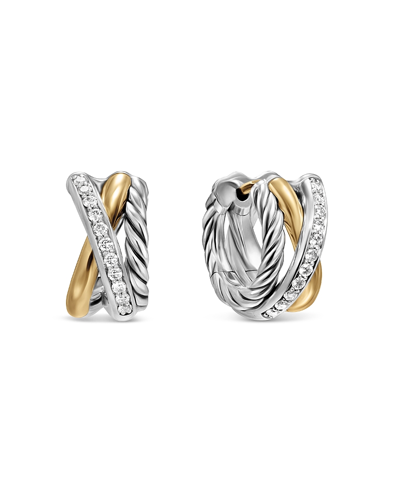 David Yurman Crossover Three Row Huggie Hoop Earrings in Sterling Silver with 18K Yellow Gold, 13mm