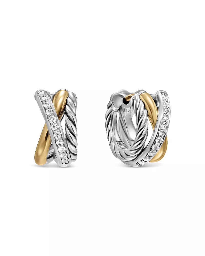 David Yurman Crossover Three Row Huggie Hoop Earrings in Sterling Silver with 18K Yellow Gold, 13mm