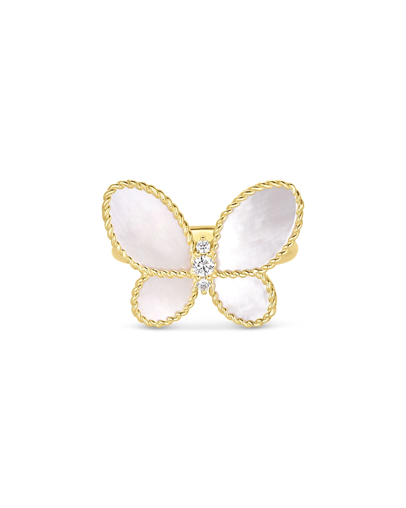 Roberto Coin 18k Yellow Gold Jasmine Mother Of Pearl & Diamond Butterfly Ring In Ivory/gold