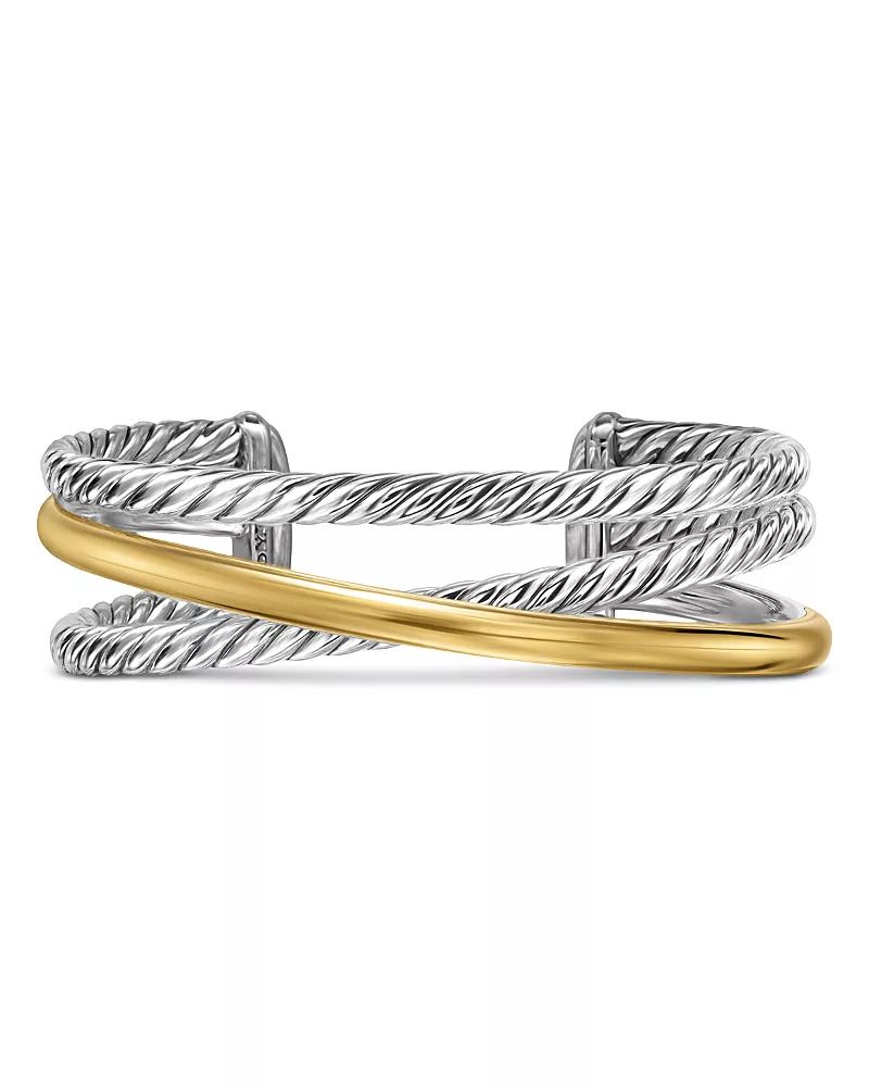 David Yurman Crossover Three Row Cuff Bracelet in Sterling Silver with 14K Yellow Gold, 20mm
