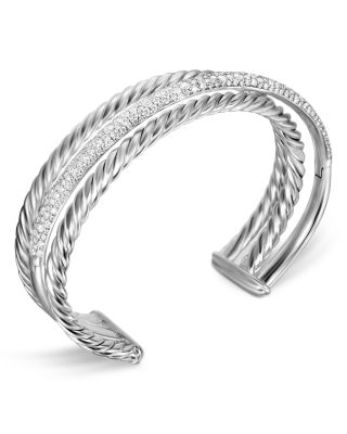 Three Row Cuff Bracelet in Sterling Silver with Diamonds, 20mm