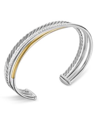 Crossover Three Row Bracelet in Sterling Silver with 18K Yellow Gold and Diamonds, 11mm