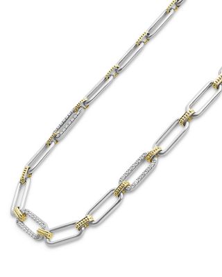18K Yellow Gold & Sterling Silver Signature Caviar Diamond Trio Station Link Collar Necklace, 18"