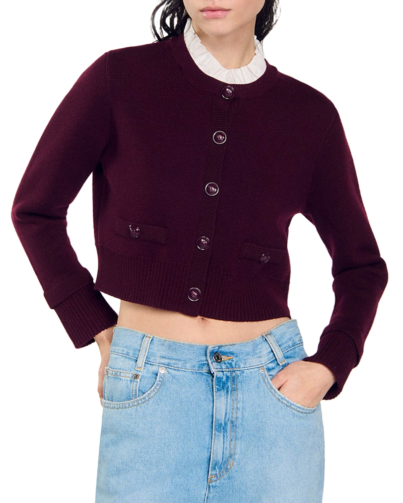 Sandro Ruffle Collar Knitted Cardigan In Bordeaux