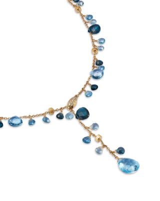18K Yellow Gold Paradise Topaz Swiss Blue Topaz, London Blue Topaz & Diamond Lariat Necklace, 17.25"