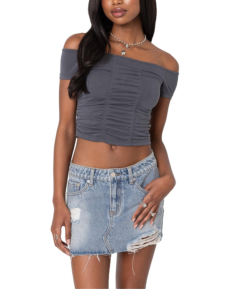 Shop Edikted Triple Ruched Off Shoulder Top In Dark Gray